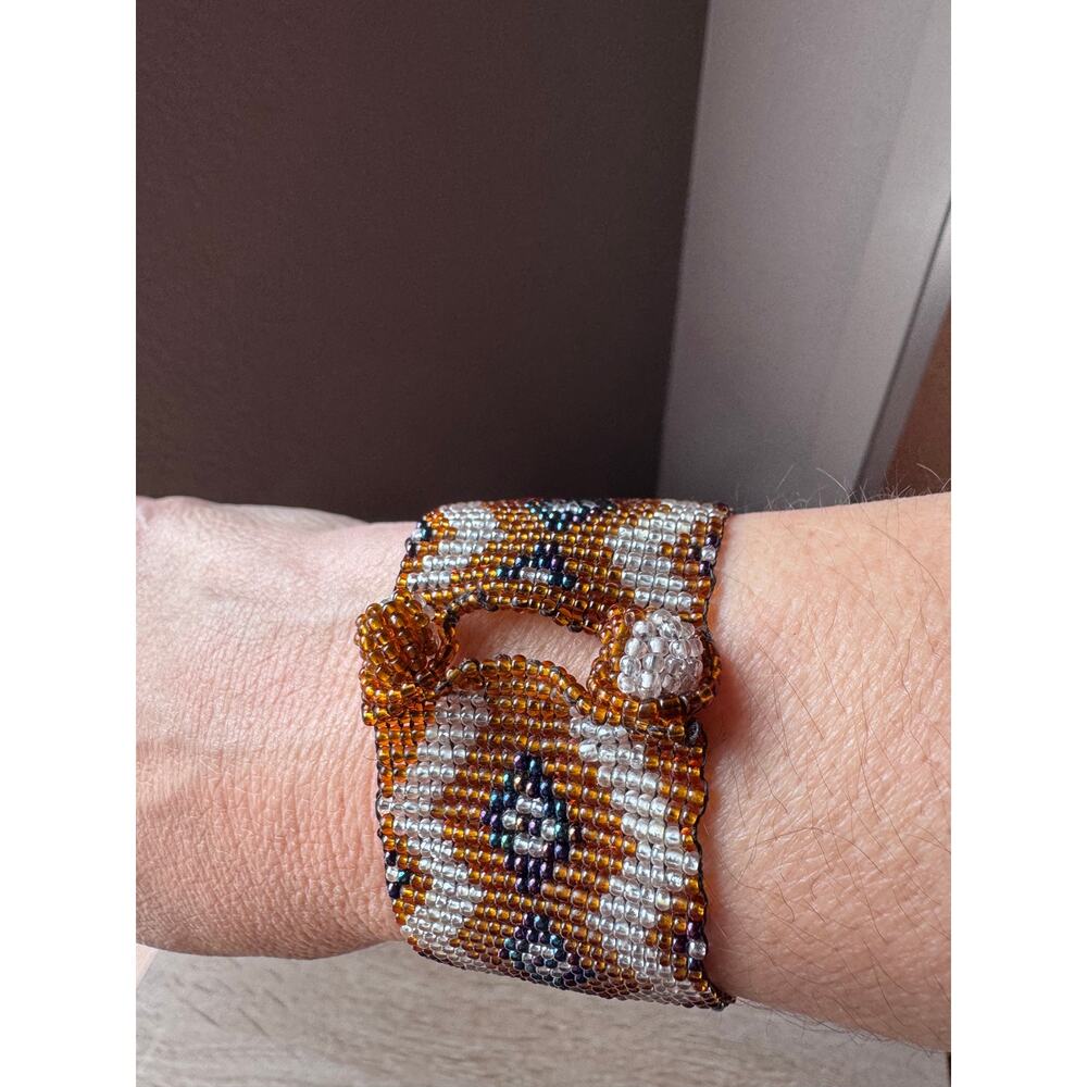 Handmade Vintage Beaded Cuff Bracelet - Southwest Tribal Pattern